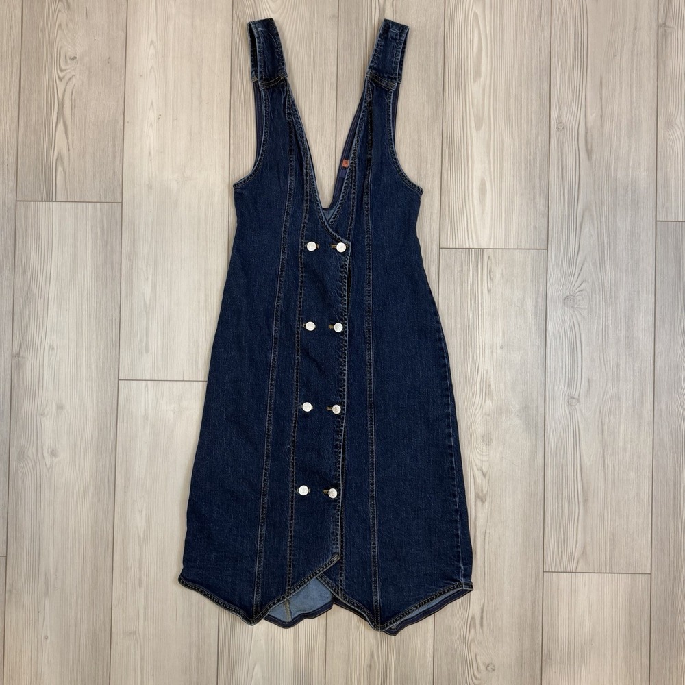 Pilcro and the Letterpress Denim Pinafore Dress Blue V-Neck Button Front Size 2